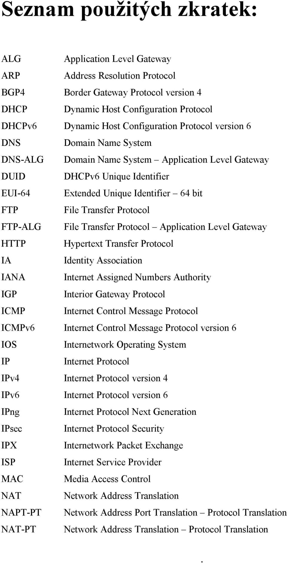 Protocol FTP-ALG File Transfer Protocol Application Level Gateway HTTP Hypertext Transfer Protocol IA Identity Association IANA Internet Assigned Numbers Authority IGP Interior Gateway Protocol ICMP