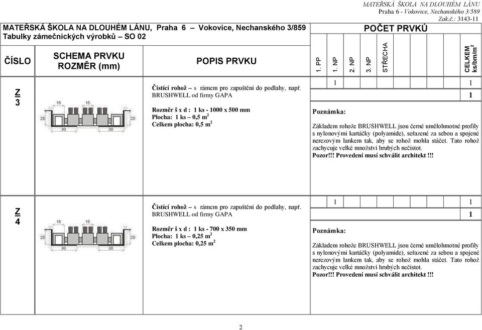 za sebou a spojené nerezovým lankem tak, aby se rohož mohla stáčet. Tato rohož zachycuje velké množství hrubých nečistot. Pozor!!! Provedení musí schválit architekt!