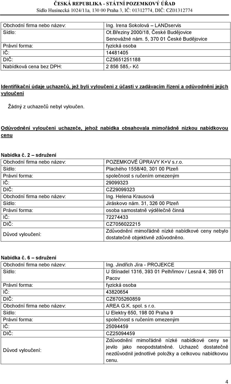 vyloučen. Odůvodnění vyloučení uchazeče, jehož nabídka obsahovala mimořádně nízkou nabídkovou cenu Nabídka č. 2 sdružení POZEMKOVÉ ÚPRAVY K+V s.r.o. Plachého 1558/40, 301 00 Plzeň IČ: 29099323 CZ29099323 Ing.