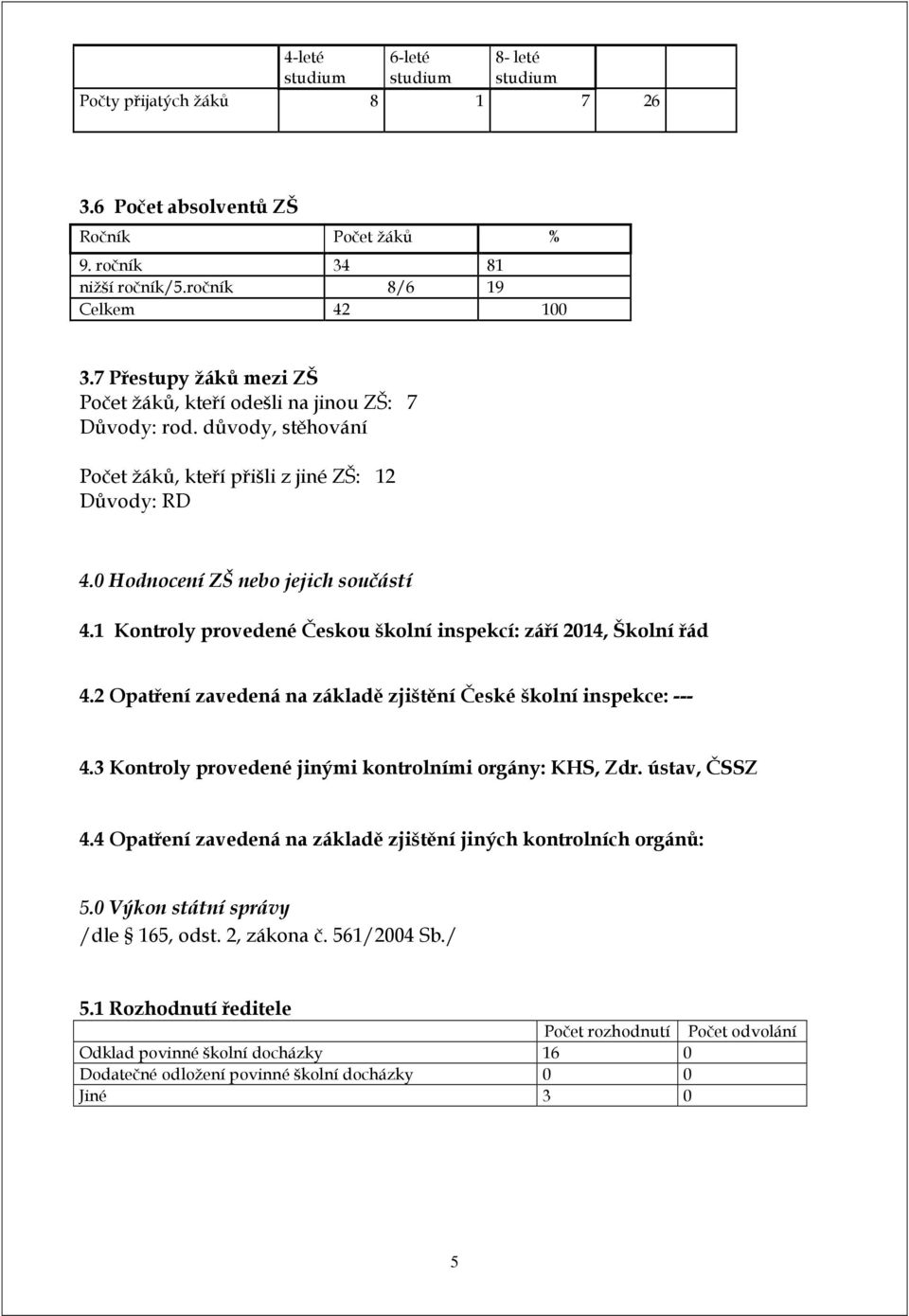 1 Kontroly provedené Českou školní inspekcí: září 2014, Školní řád 4.2 Opatření zavedená na základě zjištění České školní inspekce: --- 4.3 Kontroly provedené jinými kontrolními orgány: KHS, Zdr.