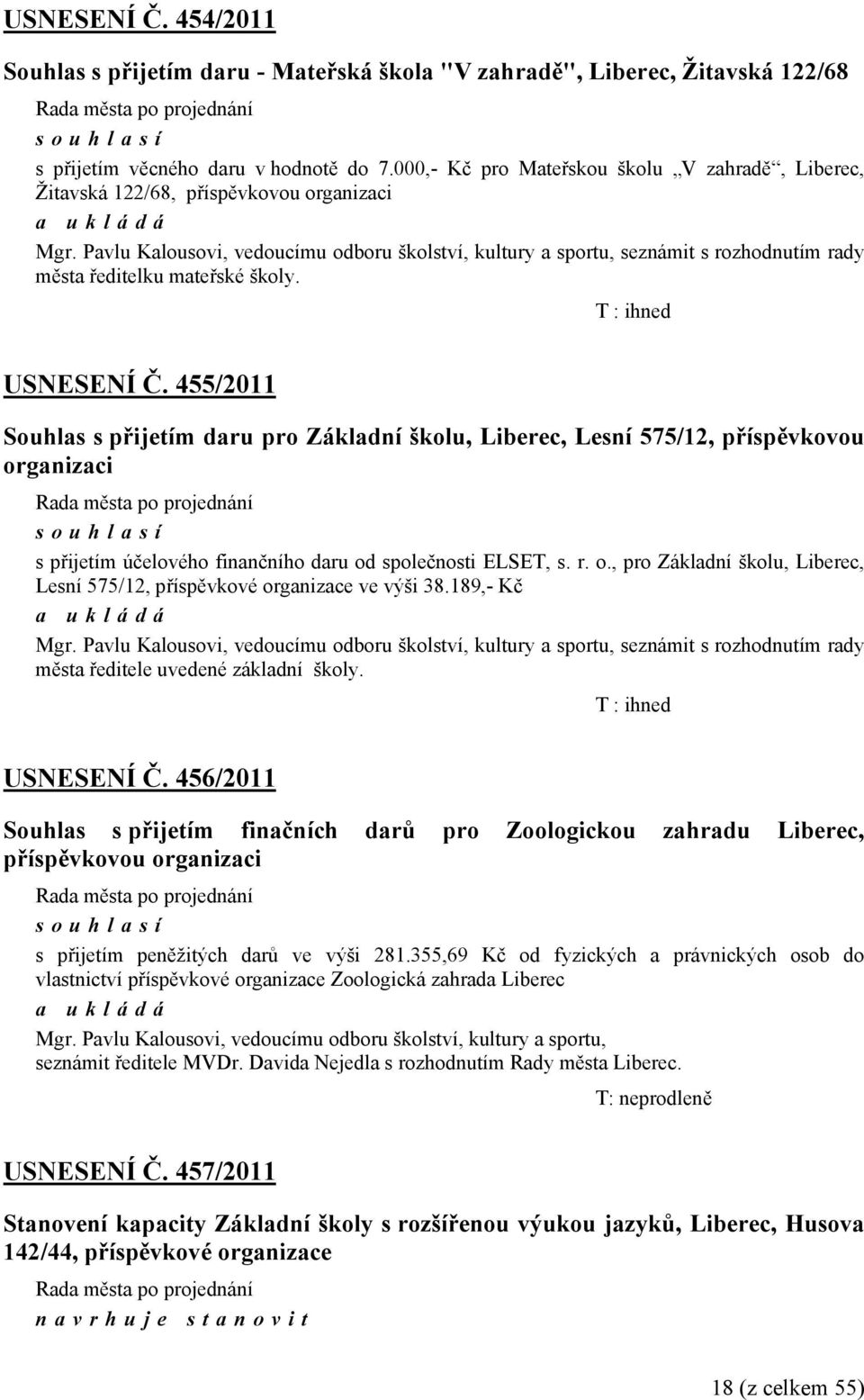 Pavlu Kalousovi, vedoucímu odboru školství, kultury a sportu, seznámit s rozhodnutím rady města ředitelku mateřské školy. T : ihned USNESENÍ Č.