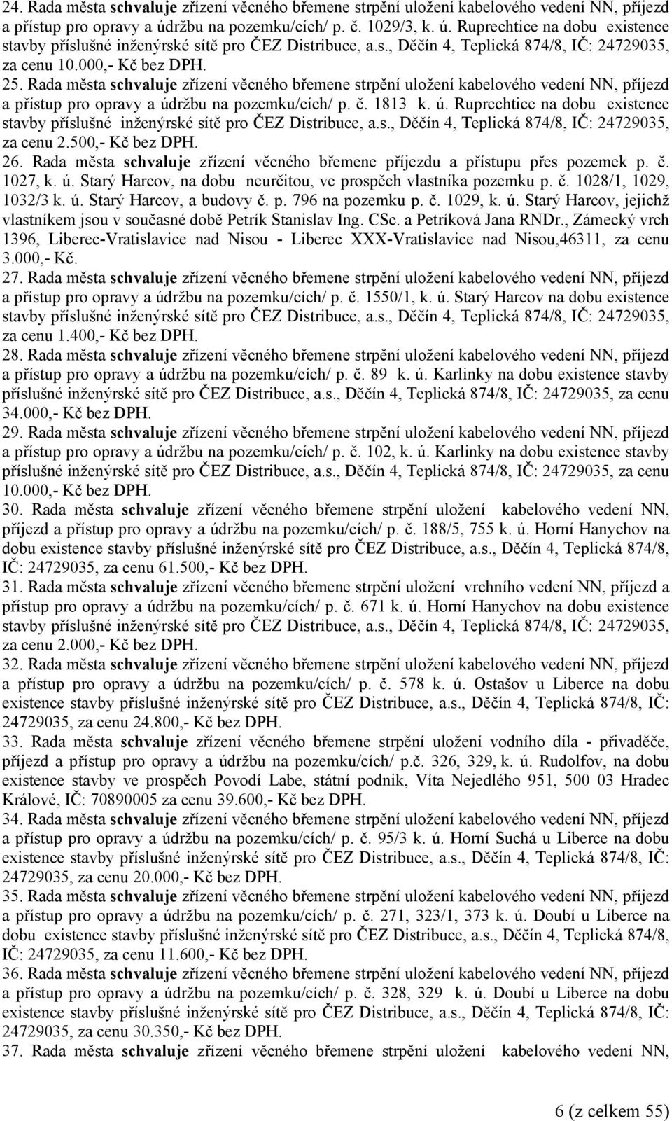 Rada města zřízení věcného břemene strpění uložení kabelového vedení NN, příjezd a přístup pro opravy a údržbu na pozemku/cích/ p. č. 1813 k. ú. Ruprechtice na dobu existence stavby příslušné inženýrské sítě pro ČEZ Distribuce, a.