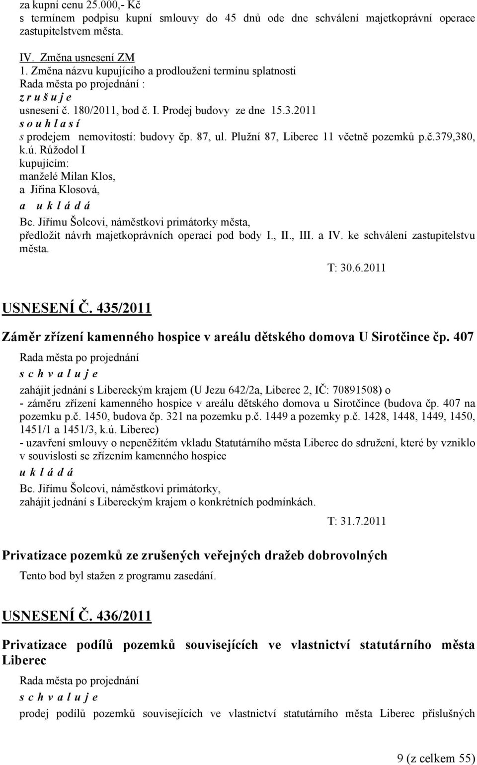 Plužní 87, Liberec 11 včetně pozemků p.č.379,380, k.ú. Růžodol I kupujícím: manželé Milan Klos, a Jiřina Klosová, Bc.