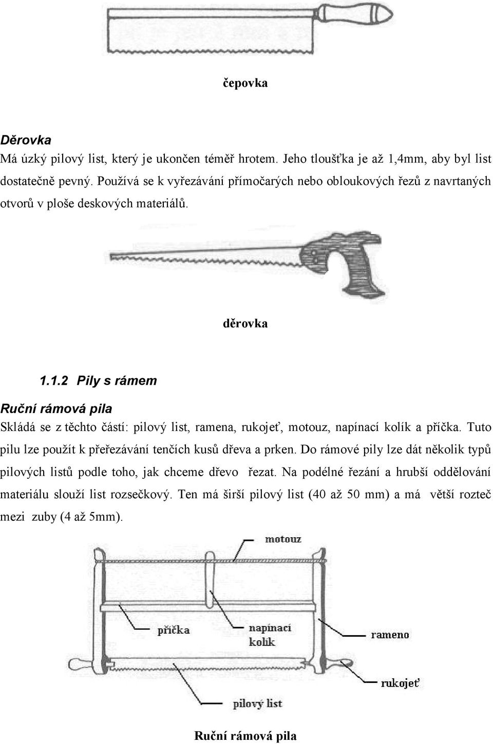 1.2 Pily s rámem Ruční rámová pila Skládá se z těchto částí: pilový list, ramena, rukojeť, motouz, napínací kolík a příčka.