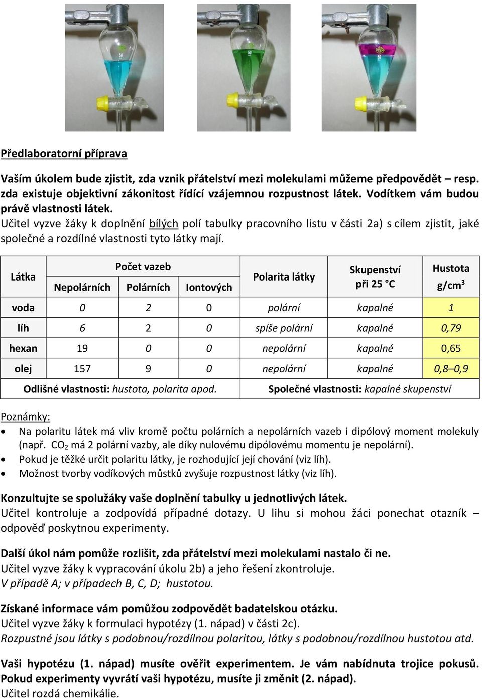 Látka Počet vazeb Nepolárních Polárních Iontových Polarita látky Skupenství při 25 C voda 0 2 0 polární kapalné 1 Poznámky: Na polaritu látek má vliv kromě počtu polárních a nepolárních vazeb i