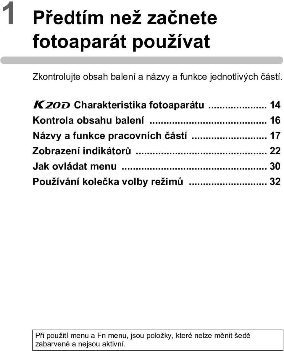 .. 16 Názvy a funkce pracovních èástí... 17 Zobrazení indikátorù... 22 Jak ovládat menu.