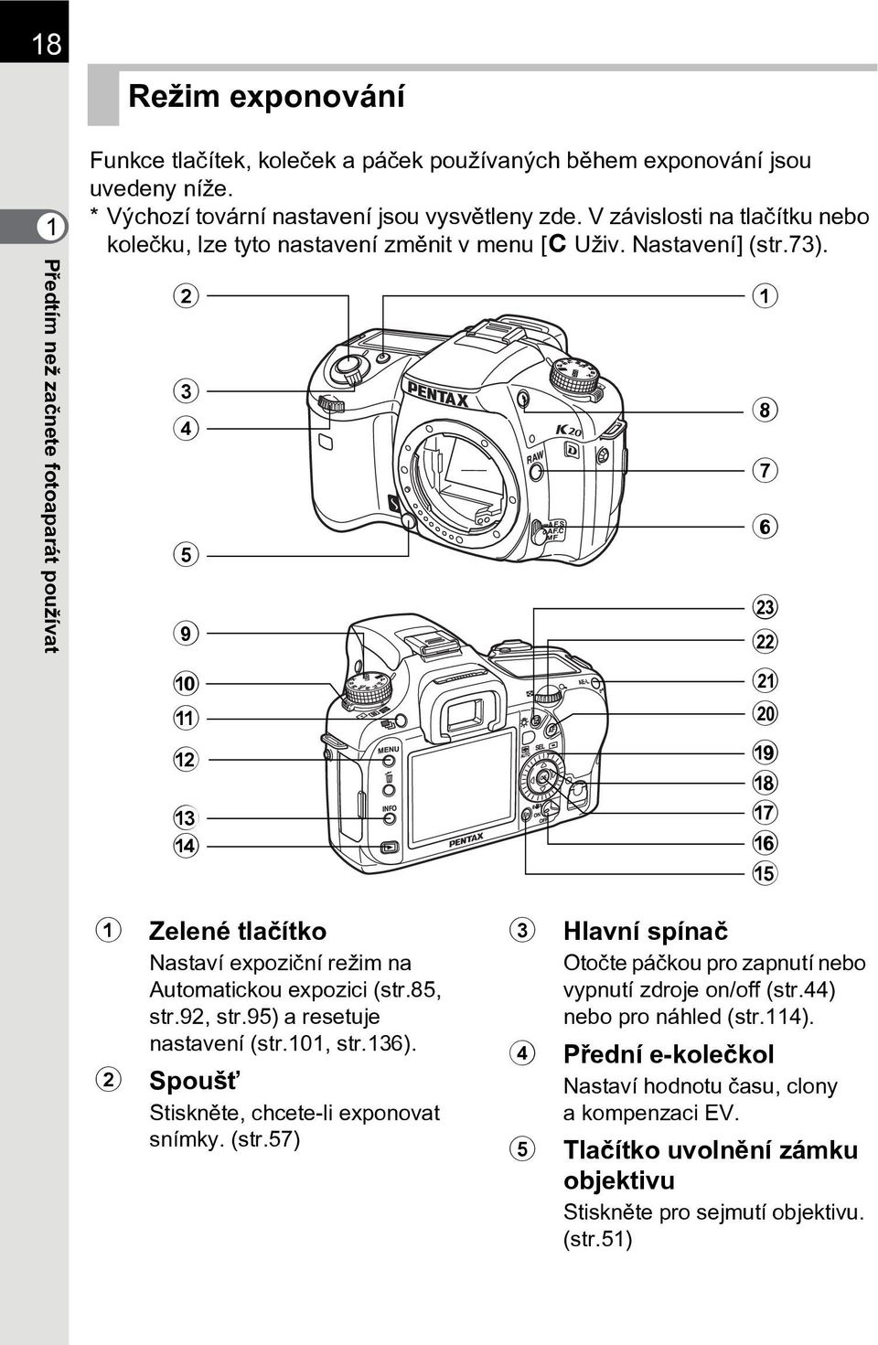 2 3 4 5 9 0 a b c d 1 8 7 6 m l k j i h g f e 1 Zelené tlaèítko Nastaví expozièní režim na Automatickou expozici (str.85, str.92, str.95) a resetuje nastavení (str.101, str.136).