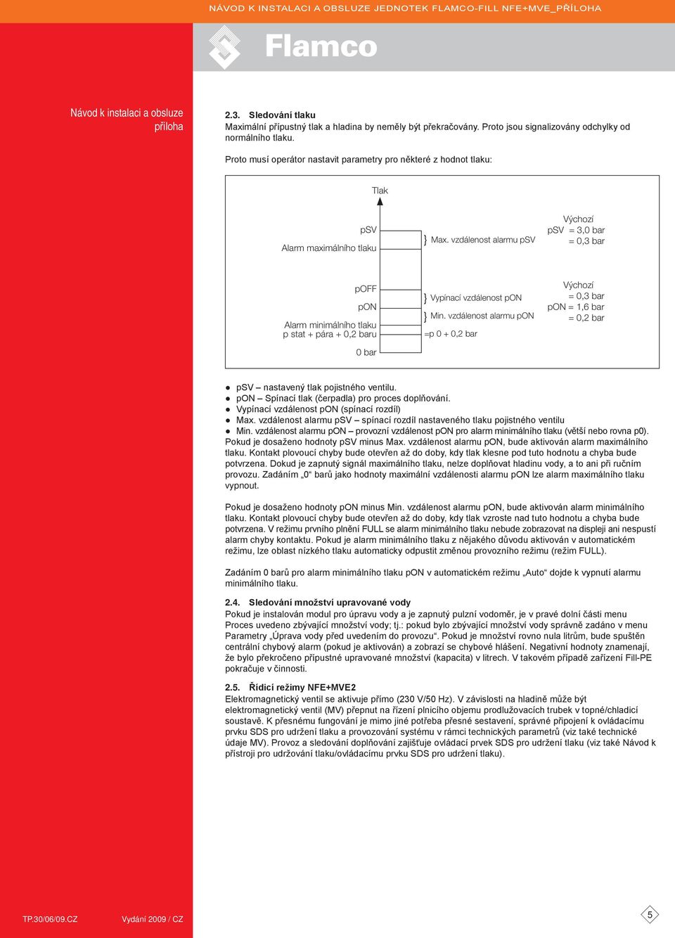 vzdálenost alarmu psv Výchozí psv = 3,0 bar = 0,3 bar po pon larm minimálního tlaku p stat + pára + 0,2 baru 0 bar Vypínací vzdálenost pon Min.