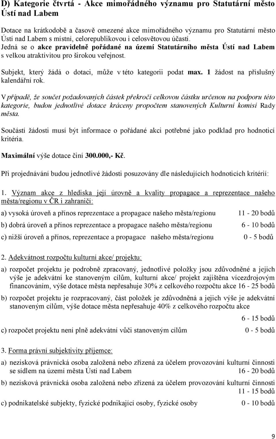 Subjekt, který žádá o dotaci, může v této kategorii podat max. 1 žádost na příslušný kalendářní rok.