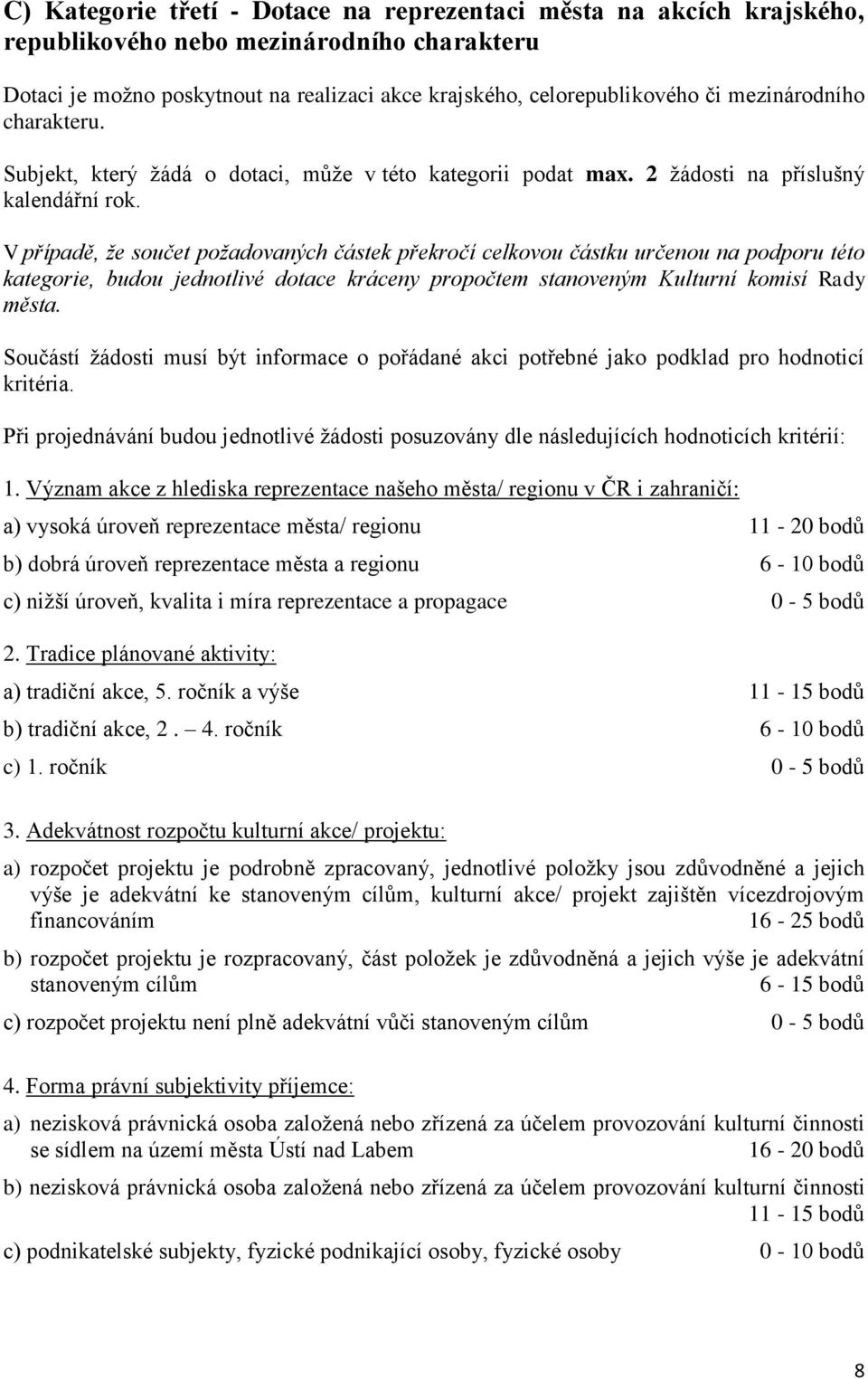 V případě, že součet požadovaných částek překročí celkovou částku určenou na podporu této kategorie, budou jednotlivé dotace kráceny propočtem stanoveným Kulturní komisí Rady města.