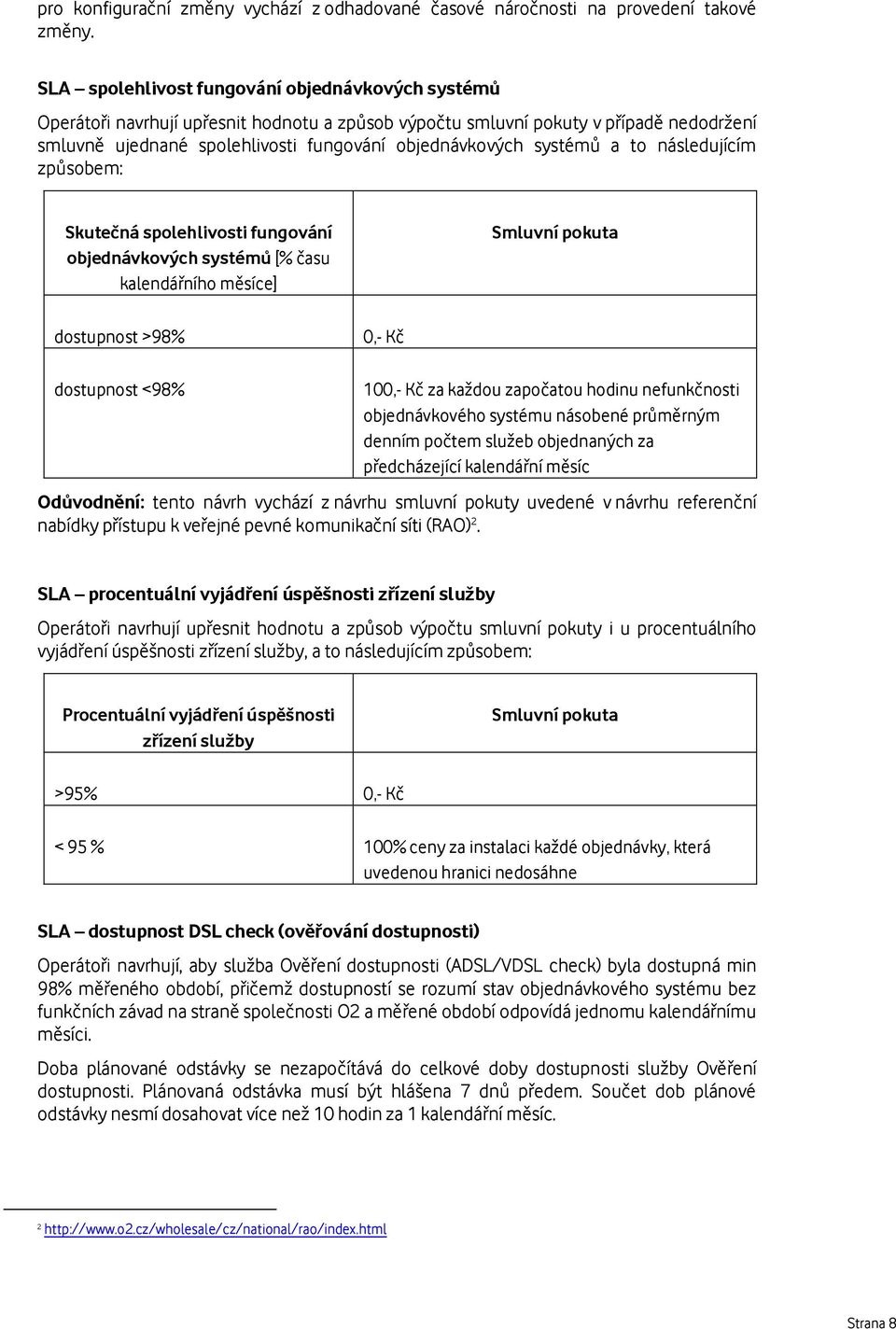 systémů a to následujícím způsobem: Skutečná spolehlivosti fungování objednávkových systémů [% času kalendářního měsíce] Smluvní pokuta dostupnost >98% 0,- Kč dostupnost <98% 100,- Kč za každou