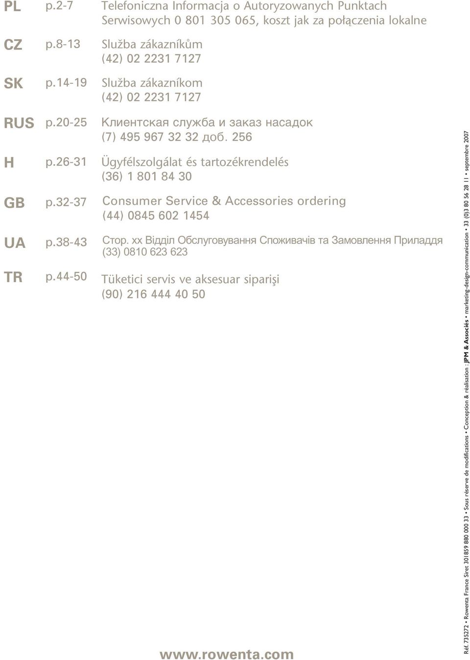 256 Consumer Service & Accessories ordering (44) 0845 602 1454 Стор. xx Відділ Обслуговування Споживачів та Замовлення Приладдя (33) 0810 623 623 TR p.