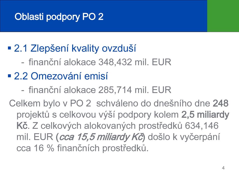 EUR Celkem bylo v PO 2 schváleno do dnešního dne 248 projektů s celkovou výší podpory kolem