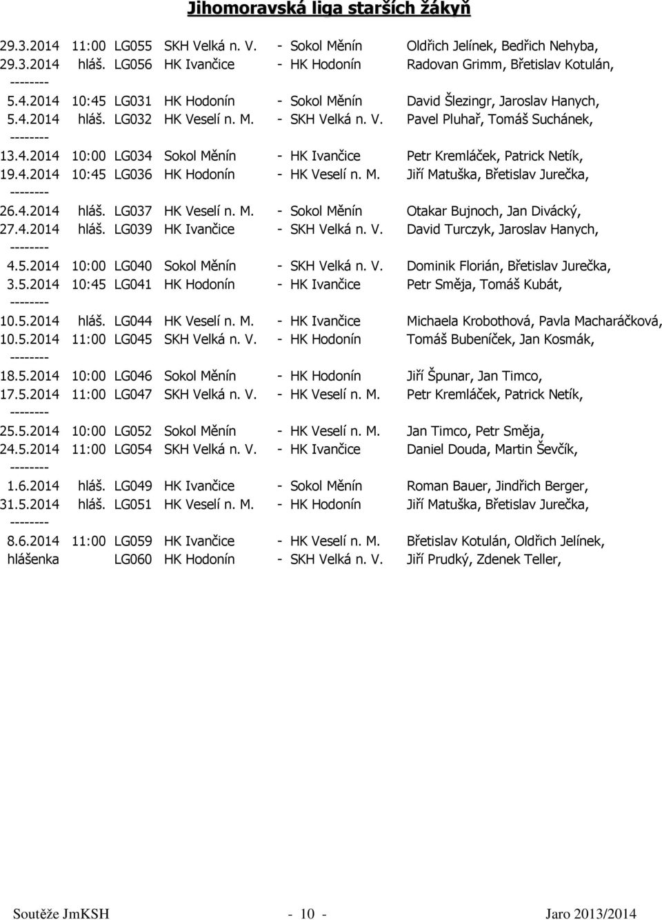 selí n. M. - SKH Velká n. V. Pavel Pluhař, Tomáš Suchánek, 13.4.2014 10:00 LG034 Sokol Měnín - HK Ivančice Petr Kremláček, Patrick Netík, 19.4.2014 10:45 LG036 HK Hodonín - HK Veselí n. M. Jiří Matuška, Břetislav Jurečka, 26.
