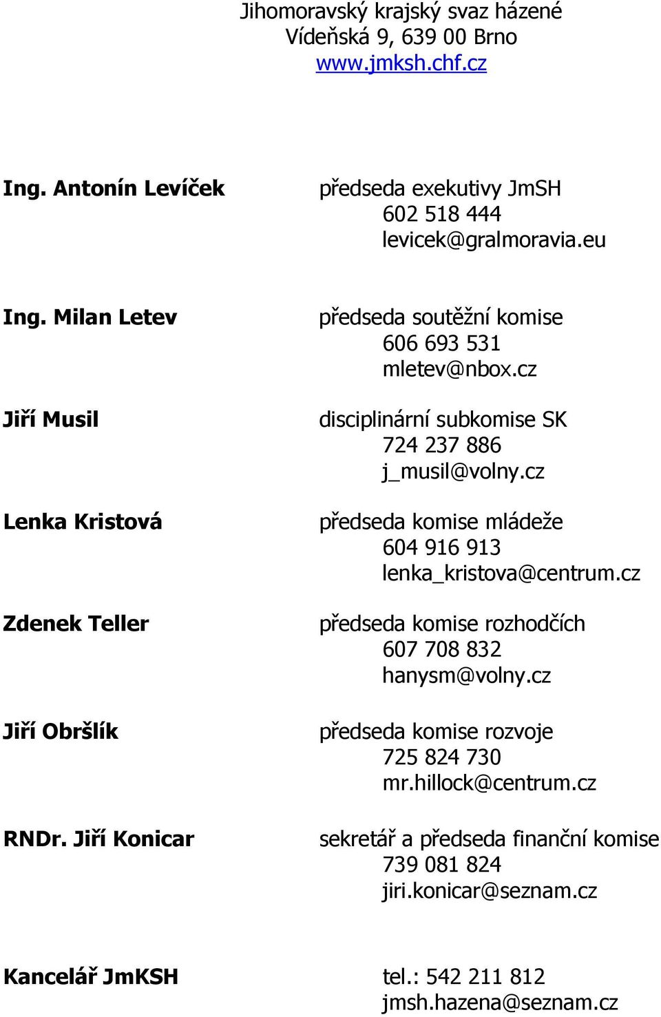 cz disciplinární subkomise SK 724 237 886 j_musil@volny.cz předseda komise mládeže 604 916 913 lenka_kristova@centrum.