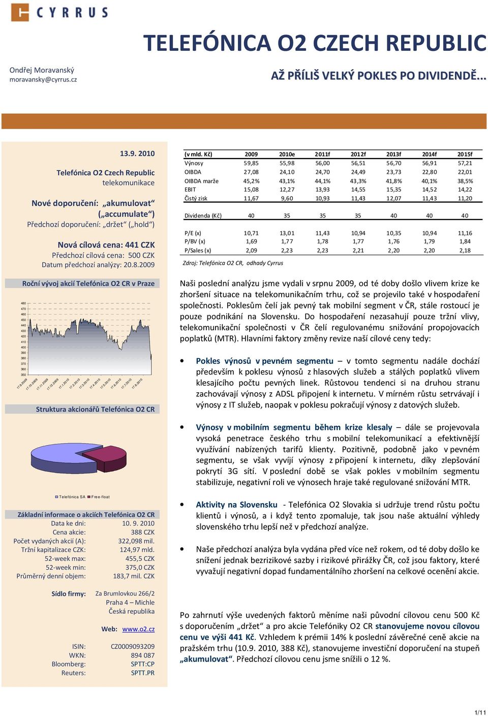 předchozí analýzy: 20.8.2009 Roční vývoj akcií Telefónica O2 CR v Praze 480 470 460 450 440 430 420 410 400 390 380 370 360 350 17.9.2009 17.10.2009 17.11.2009 17.12.2009 17.1.2010 17.2.2010 17.3.2010 17.4.2010 17.5.2010 17.6.2010 17.7.2010 17.8.2010 Struktura akcionářů Telefónica O2 CR (v mld.