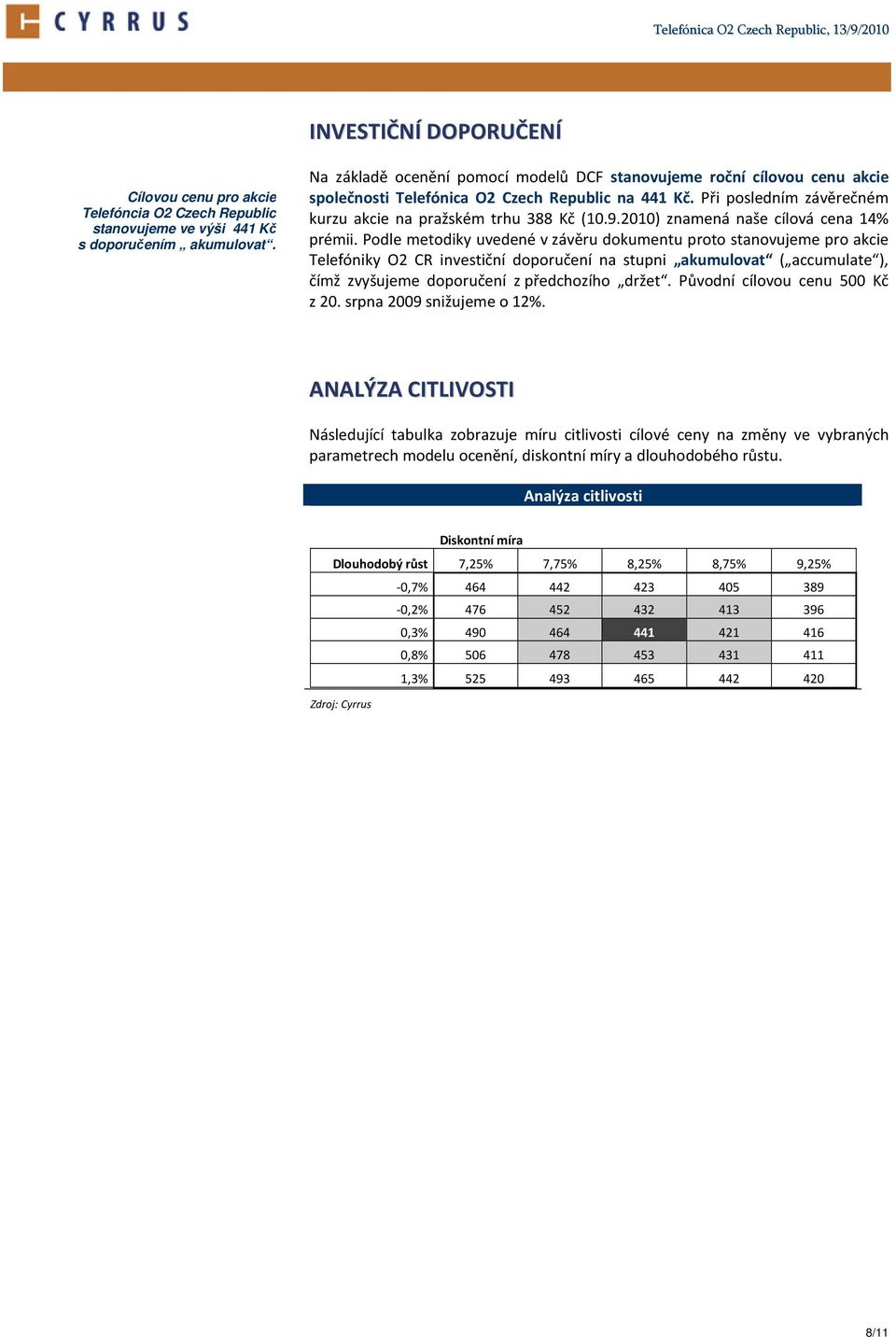 2010) znamená naše cílová cena 14% prémii.