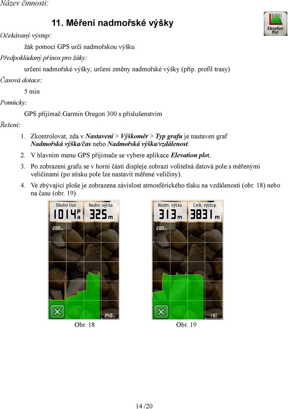 V hlavním menu GPS přijímače se vybere aplikace Elevation plot. 3.