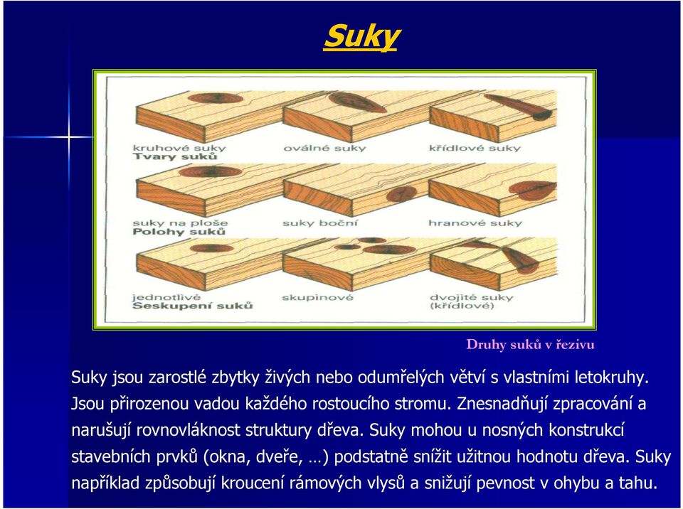 Znesnadňují zpracování a narušují rovnovláknost struktury dřeva.