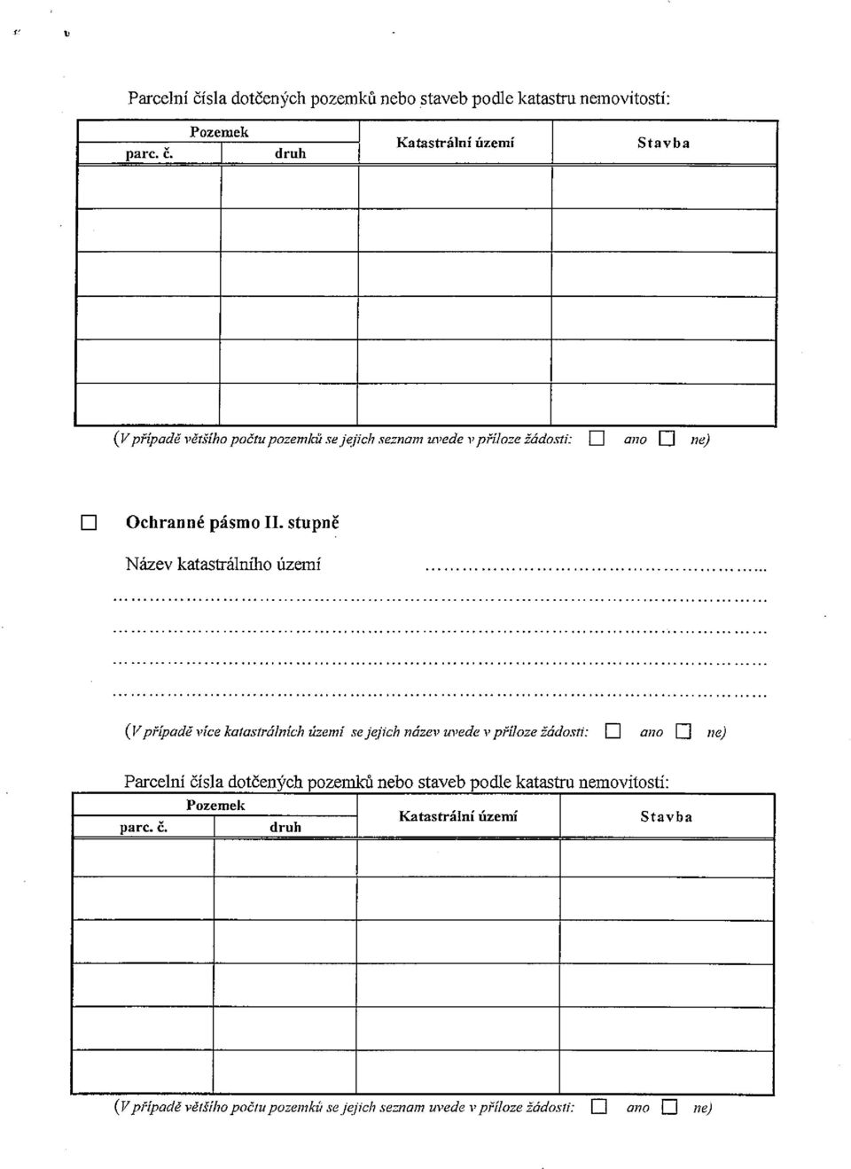 druh Katastrální území Stavba (Vpřípadě většího počtu pozemků seje//cl; seznam uvede vpříioze žádosti: fl ano fl ne,) D Ochranné pásmo II.