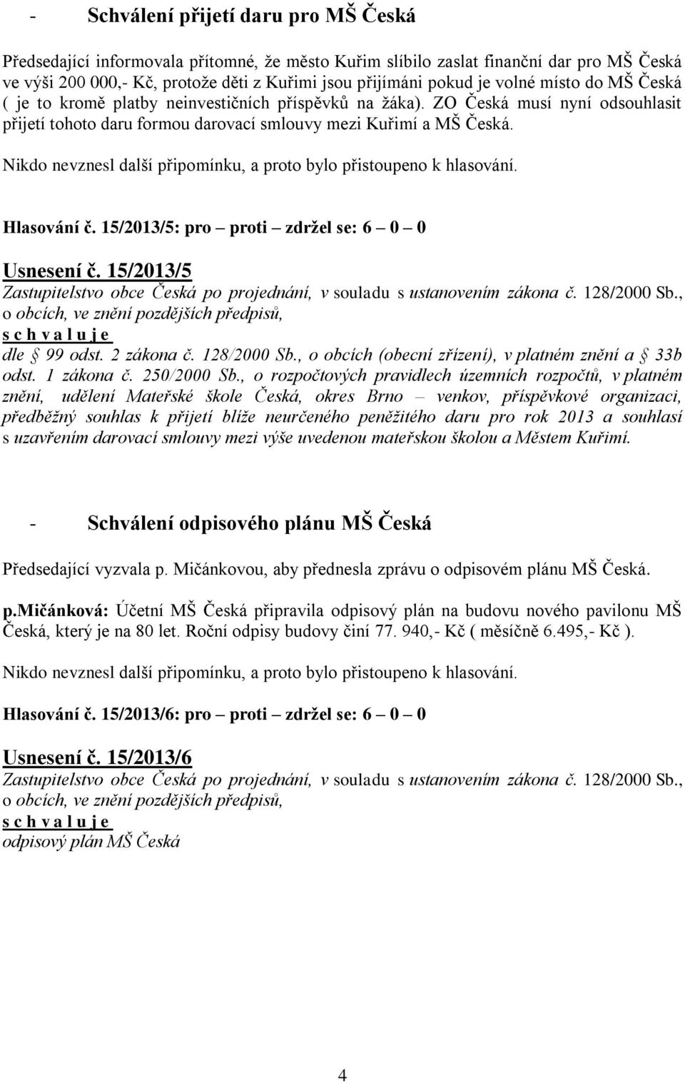 15/2013/5: pro proti zdržel se: 6 0 0 Usnesení č. 15/2013/5 dle 99 odst. 2 zákona č. 128/2000 Sb., o obcích (obecní zřízení), v platném znění a 33b odst. 1 zákona č. 250/2000 Sb.