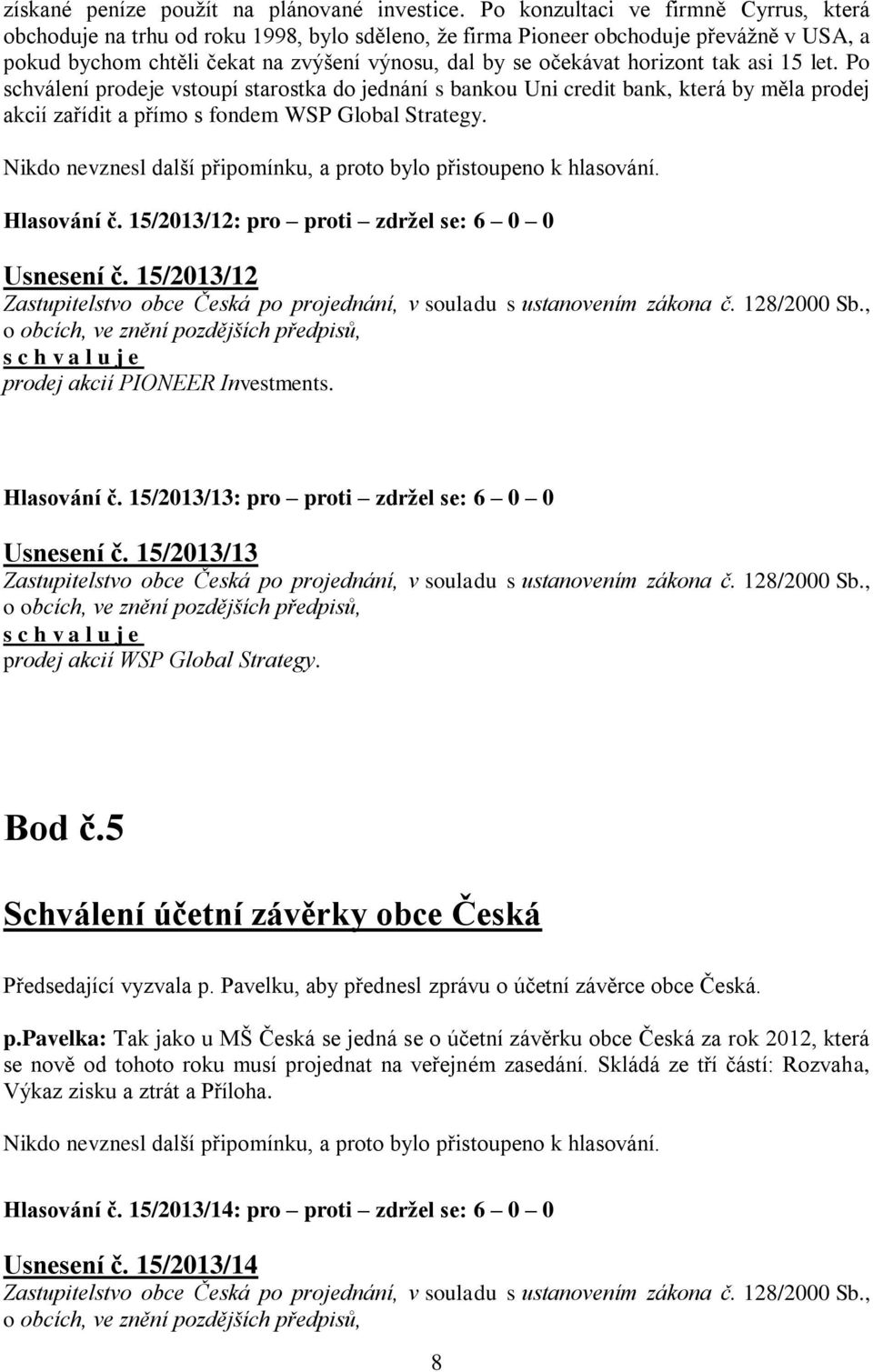 horizont tak asi 15 let. Po schválení prodeje vstoupí starostka do jednání s bankou Uni credit bank, která by měla prodej akcií zařídit a přímo s fondem WSP Global Strategy. Hlasování č.