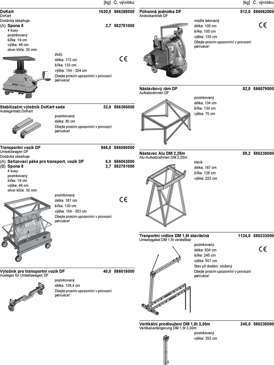 šířka: 100 cm výška: 130 cm Nástavbový rám DF 82,0 586079000 Aufsatzrahmen DF délka: 134 cm šířka: 130 cm výška: 75 cm Transportní vozík DF 566,0 586080000 Umsetzwagen DF Dodávka obsahuje: (A)