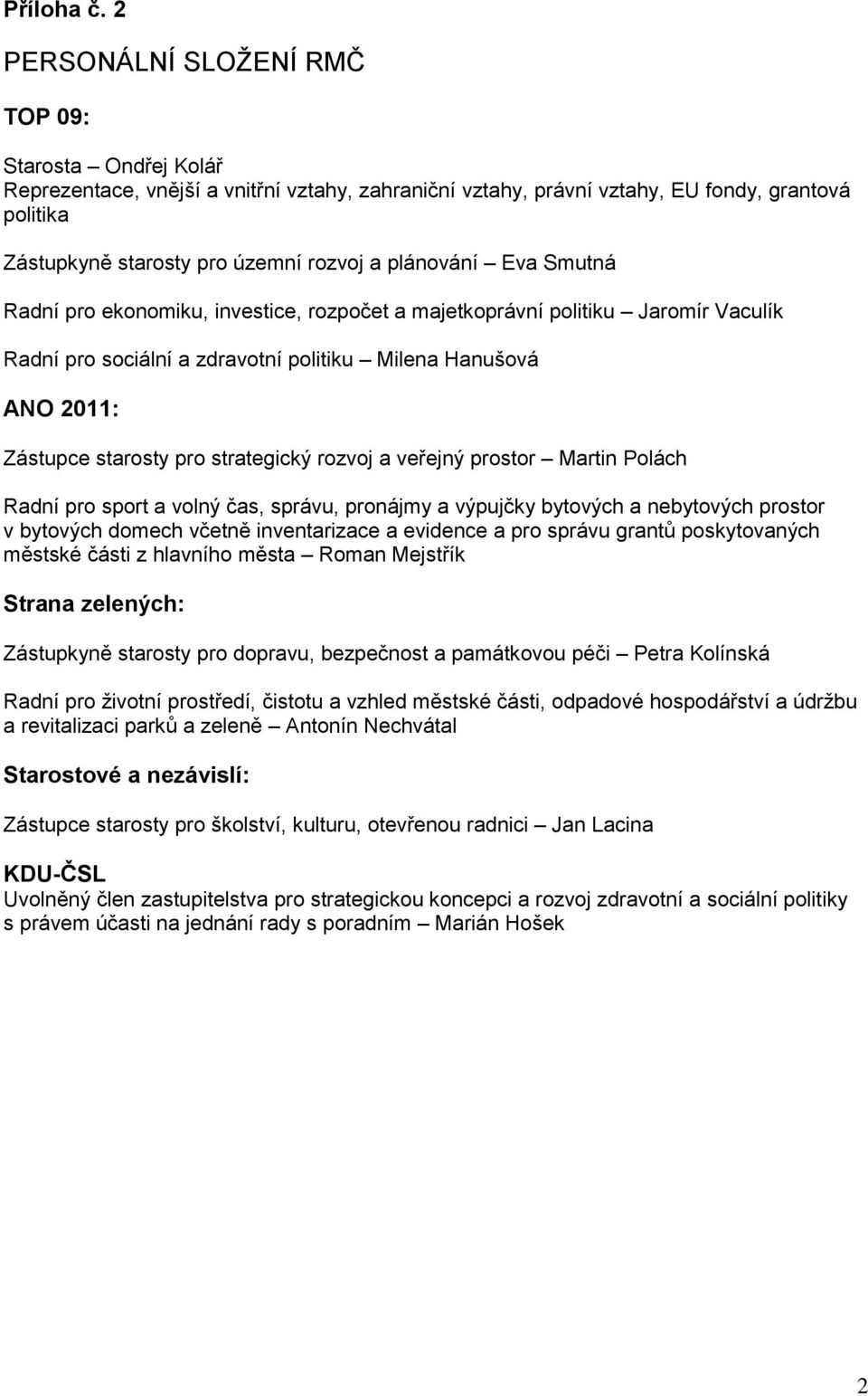 plánování Eva Smutná Radní pro ekonomiku, investice, rozpočet a majetkoprávní politiku Jaromír Vaculík Radní pro sociální a zdravotní politiku Milena Hanušová ANO 2011: Zástupce starosty pro