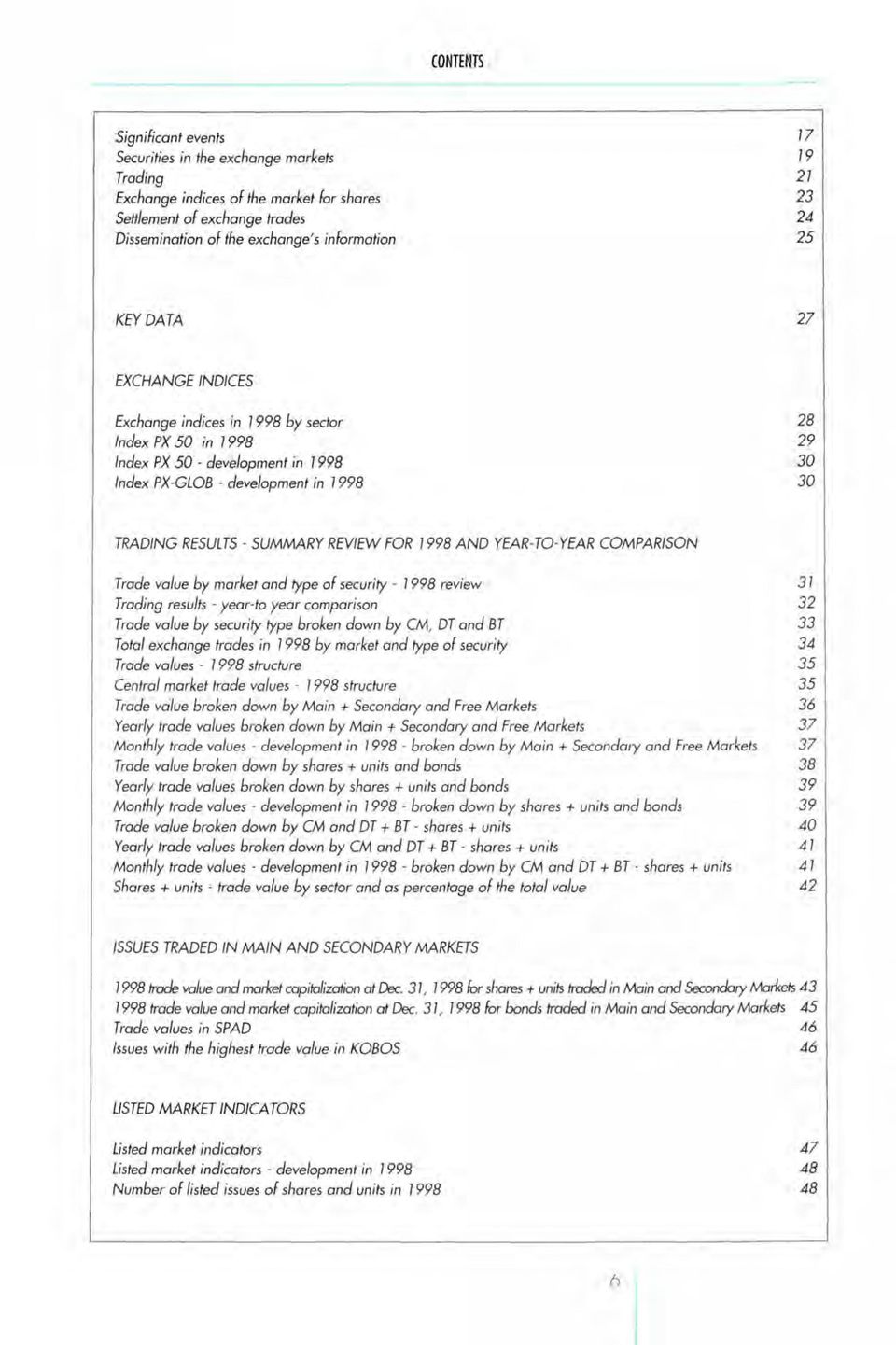 SUMMARY REVIEW FOR 1998 AND YEAR-TO-YEAR COMPARISON Trade value by market and type of security - 1998 review 31 Trading results - year-to year comparison 32 Trade value by security type broken down