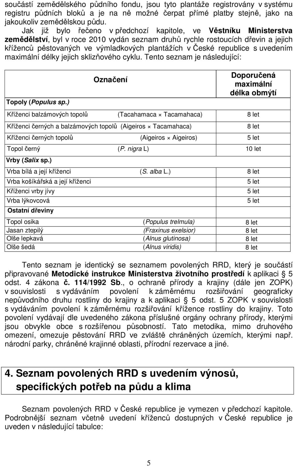 České republice s uvedením maximální délky jejich sklizňového cyklu. Tento seznam je následující: Topoly (Populus sp.