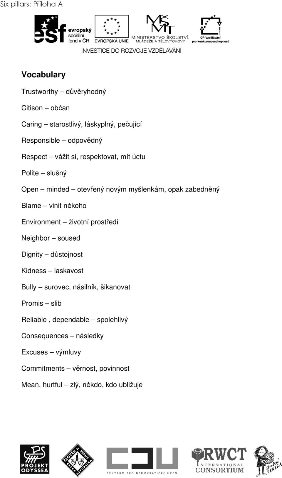 Environment životní prostředí Neighbor soused Dignity důstojnost Kidness laskavost Bully surovec, násilník, šikanovat Promis slib