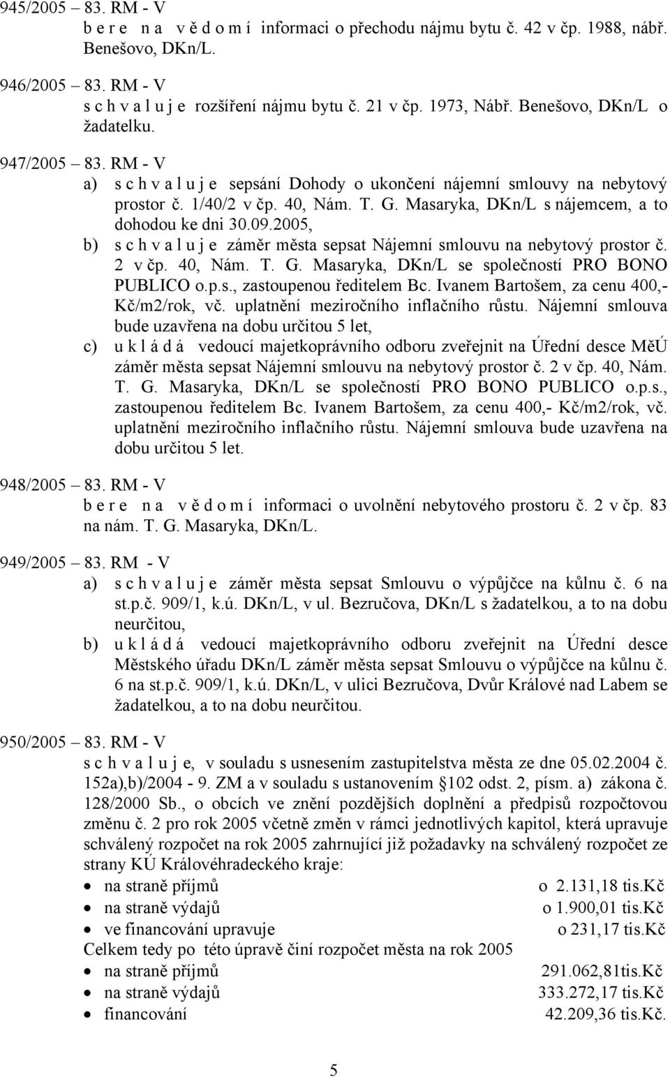 Masaryka, DKn/L s nájemcem, a to dohodou ke dni 30.09.2005, b) schvaluje záměr města sepsat Nájemní smlouvu na nebytový prostor č. 2 v čp. 40, Nám. T. G.