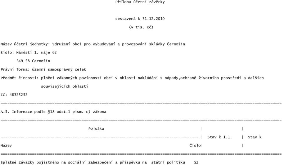 životního prostředí a dalších souvisejících oblastí IČ: 48325252 A.5. Informace podle 18 odst.1 písm.