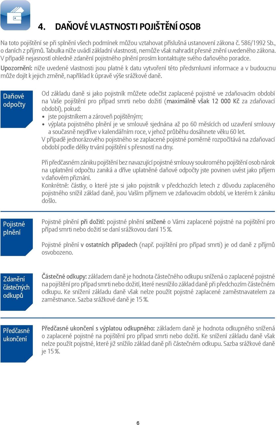 Upozornění: níže uvedené vlastnosti jsou platné k datu vytvoření této předsmluvní informace a v budoucnu může dojít k jejich změně, například k úpravě výše srážkové daně.