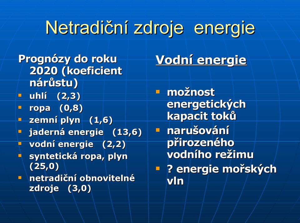 syntetická ropa, plyn (25,0) netradiční obnovitelné zdroje (3,0) Vodní energie