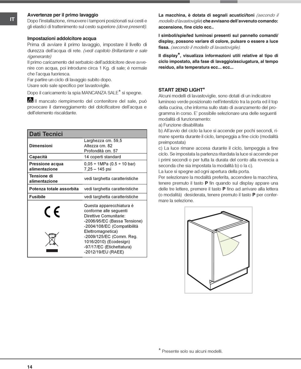 (vedi capitolo Brillantante e sale rigenerante) Il primo caricamento del serbatoio dell addolcitore deve avvenire con acqua, poi introdurre circa 1 Kg. di sale; è normale che l acqua fuoriesca.