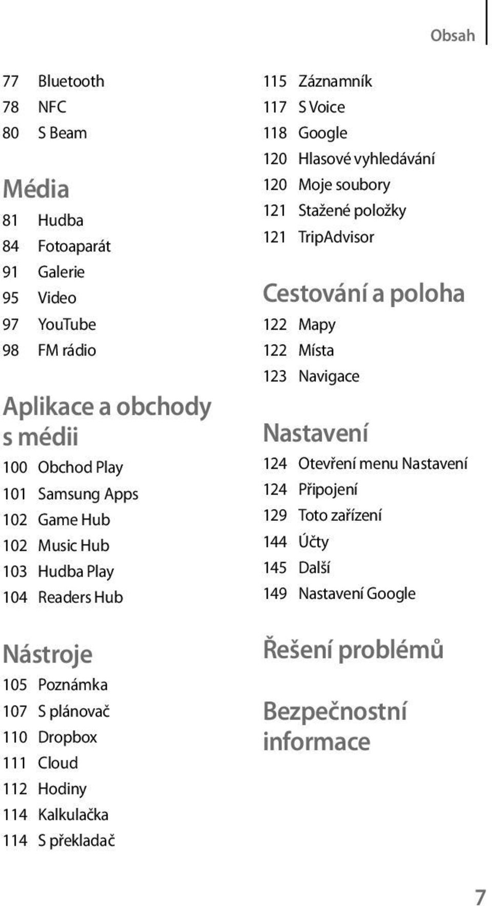 S překladač 115 Záznamník 117 S Voice 118 Google 120 Hlasové vyhledávání 120 Moje soubory 121 Stažené položky 121 TripAdvisor Cestování a poloha 122 Mapy 122