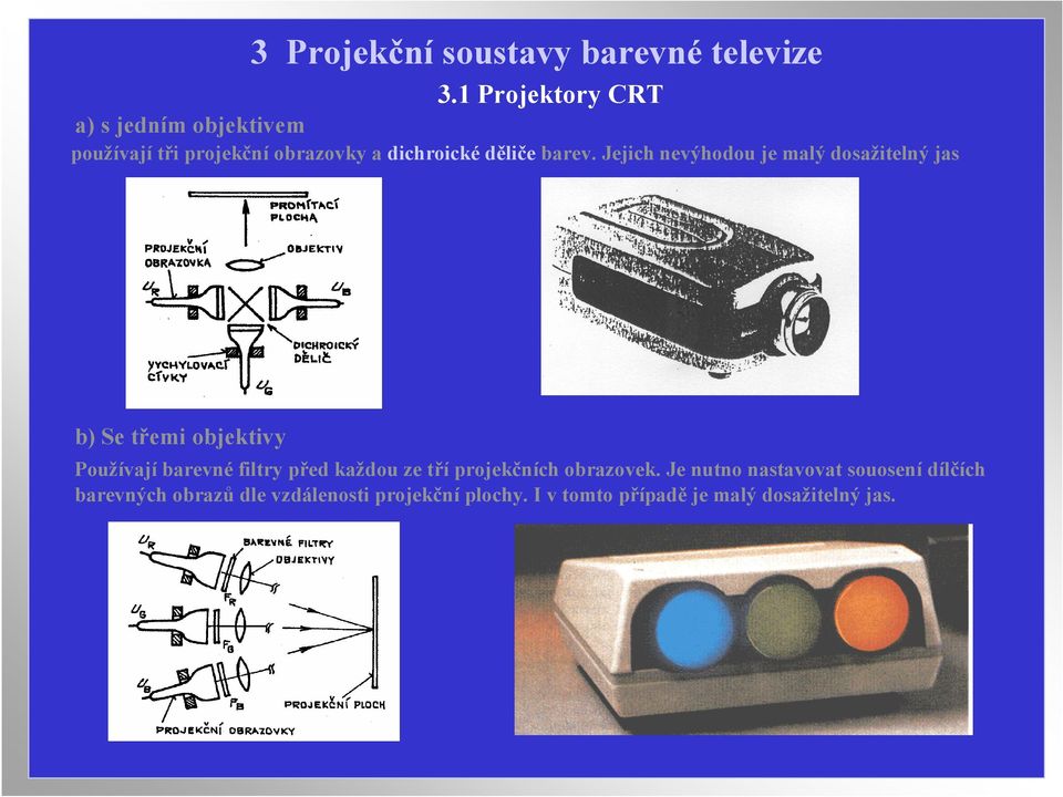 Jejich nevýhodou je malý dosažitelný jas b) Se třemi objektivy Používají barevné filtry před každou