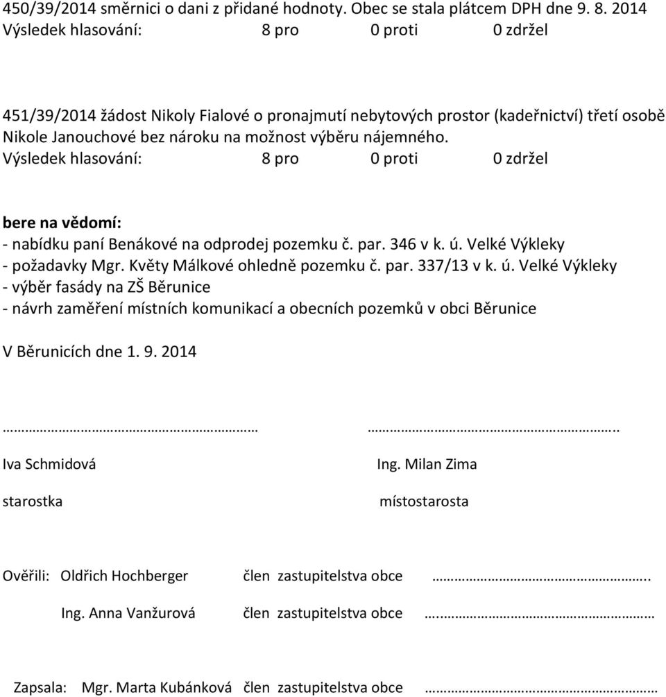 bere na vědomí: - nabídku paní Benákové na odprodej pozemku č. par. 346 v k. ú.