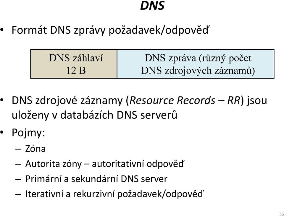 uloženy v databázích DNS serverů Pojmy: Zóna Autorita zóny autoritativní