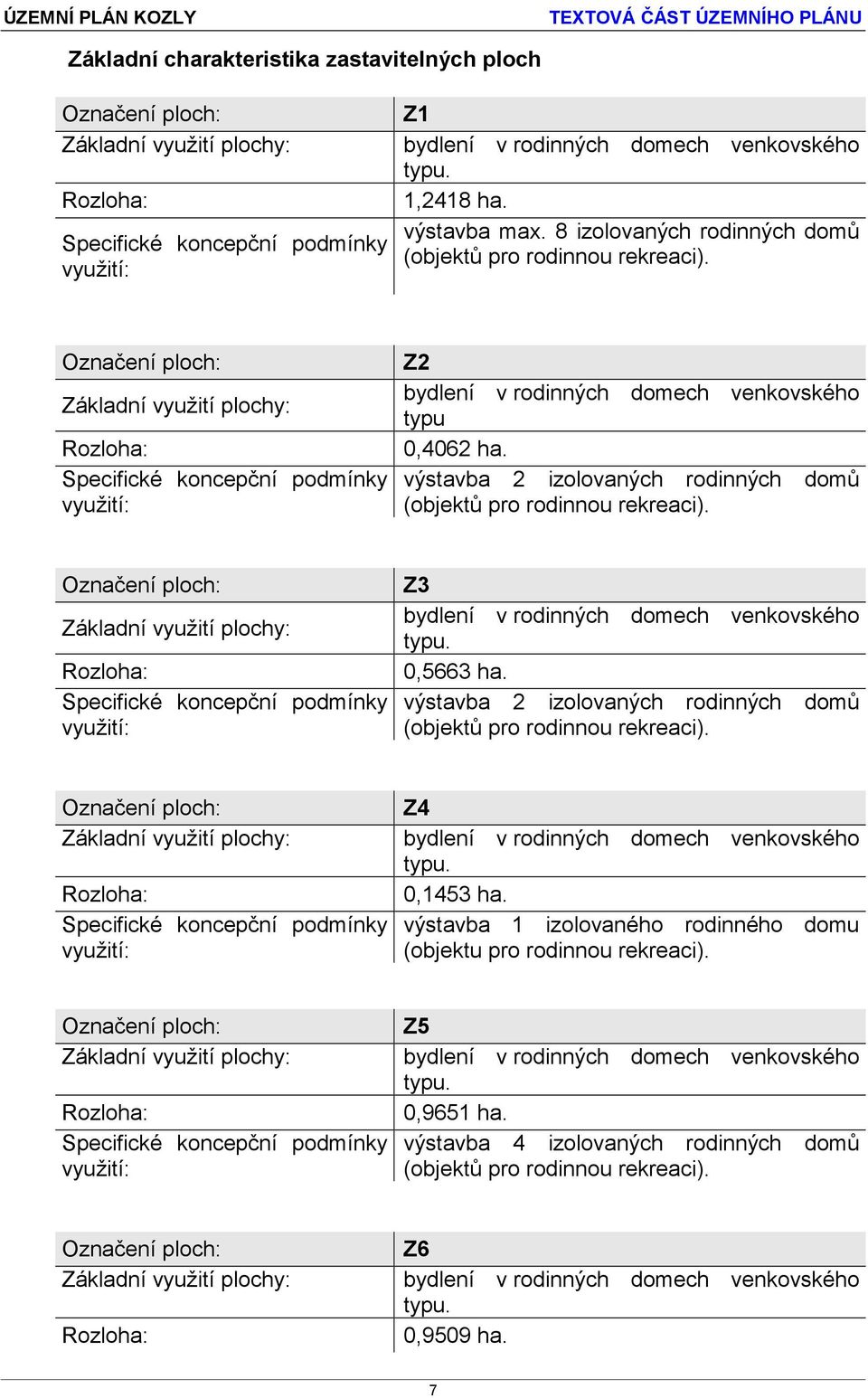 Označení ploch: Základní využití plochy: Rozloha: Specifické koncepční podmínky využití: Z2 bydlení v rodinných domech venkovského typu 0,4062 ha.