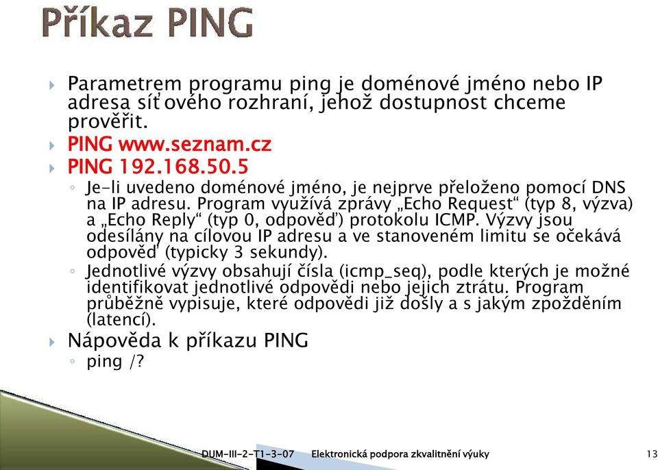 Program využívá zprávy Echo Request (typ 8, výzva) a Echo Reply (typ 0, odpověď) protokolu ICMP.