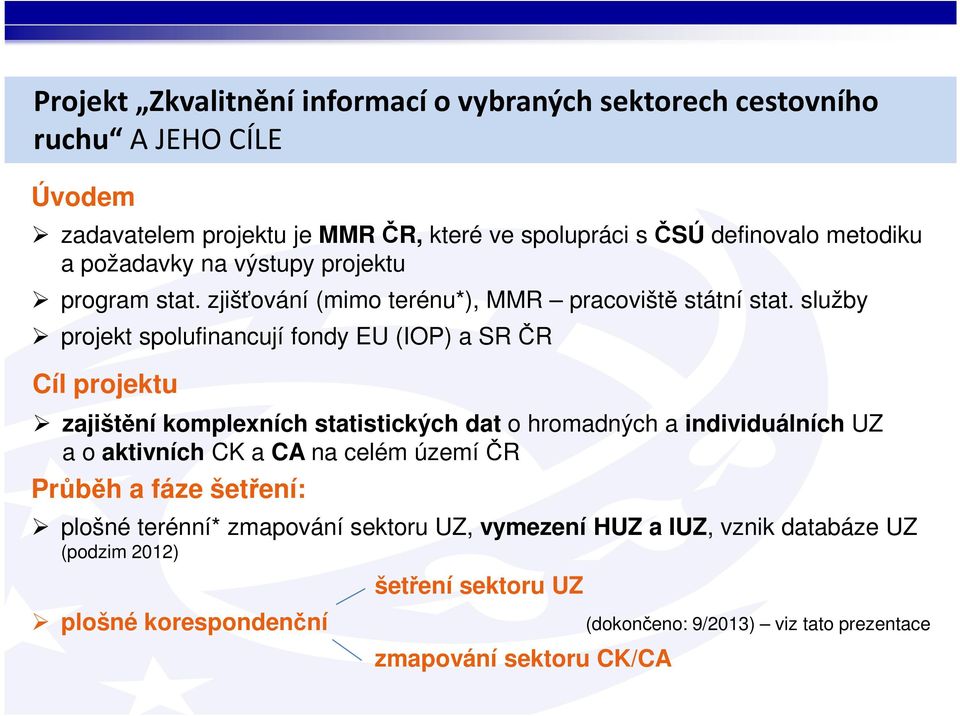 služby projekt spolufinancují fondy EU (IOP) a SR ČR Cíl projektu zajištění komplexních statistických dat o hromadných a individuálních UZ a o aktivních CK a CA na