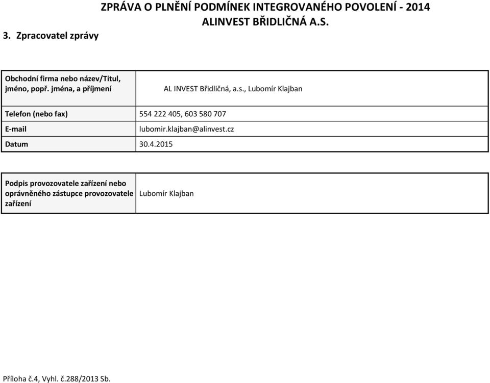 , Lubomír Klajban Telefon (nebo fax) 554 222 405, 603 580 707 E-mail lubomir.klajban@alinvest.