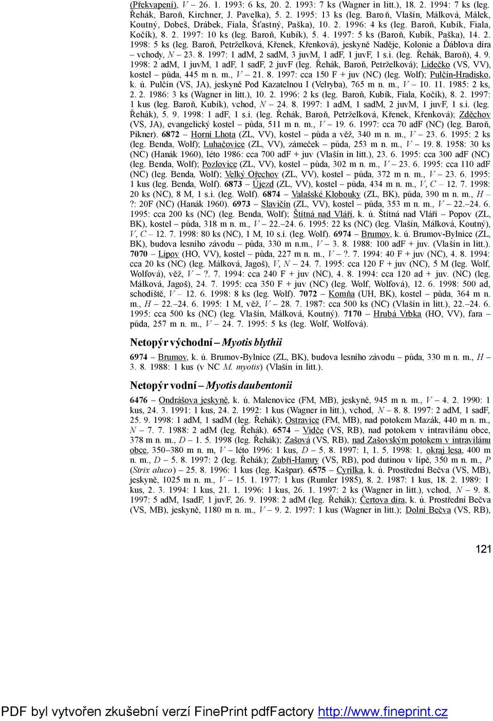 2. 1998: 5 ks (leg. Baroň, Petrželková, Křenek, Křenková ), jeskyně Naděje, Kolonie a Ďáblova díra vchody, N 23. 8. 1997: 1 adm, 2 sadm, 3 juvm, 1 adf, 1 juvf, 1 s.i. (leg. Řehá k, Baroň), 4. 9.