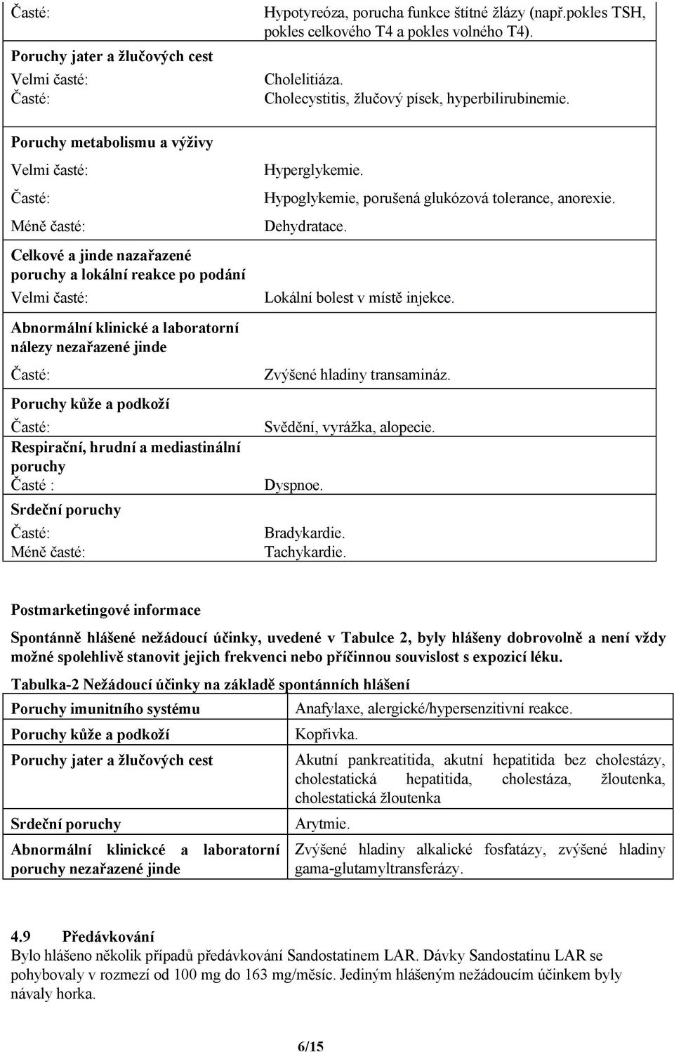 porucha funkce štítné žlázy (např.pokles TSH, pokles celkového T4 a pokles volného T4). Cholelitiáza. Cholecystitis, žlučový písek, hyperbilirubinemie. Hyperglykemie.