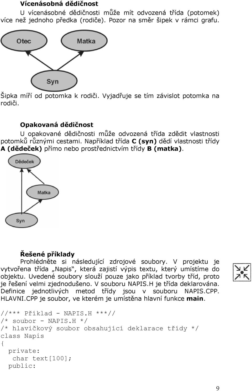 Například třída C (syn) dědí vlastnosti třídy A (dědeček) přímo nebo prostřednictvím třídy B (matka). Řešené příklady Prohlédněte si následující zdrojové soubory.