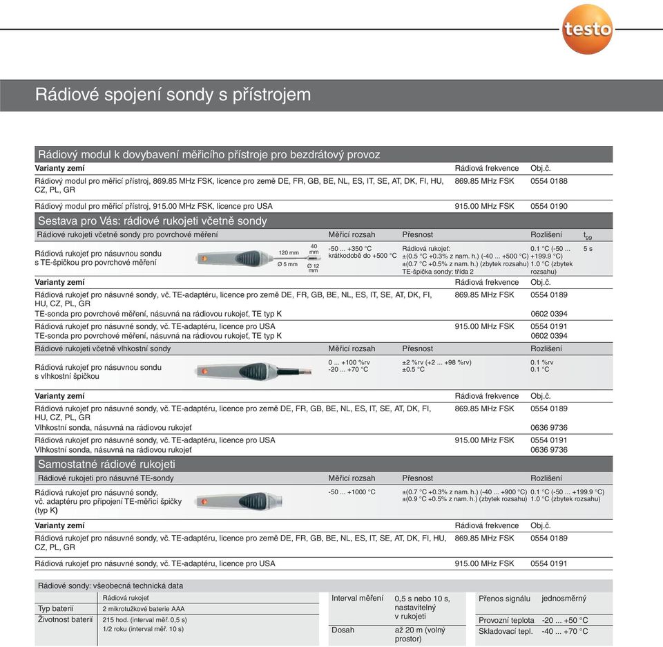 00 MHz FSK, licence pro USA Sestava pro Vás: rádiové rukojeti včetně sondy Rádiové rukojeti včetně sondy pro povrchové měření Měřicí rozsah Rozlišení t 99 40-50... +350 C Rádiová rukojeť: 0.1 C (-50.