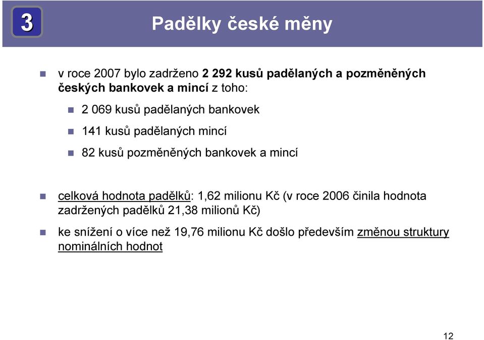 mincí celková hodnota padělků: 1,62 milionu Kč (v roce 2006 činila hodnota zadržených padělků 21,38