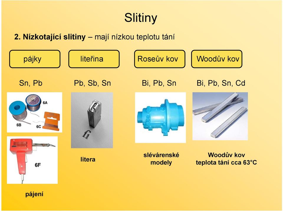 liteřina Roseův kov Woodův kov Sn, Pb Pb, Sb, Sn